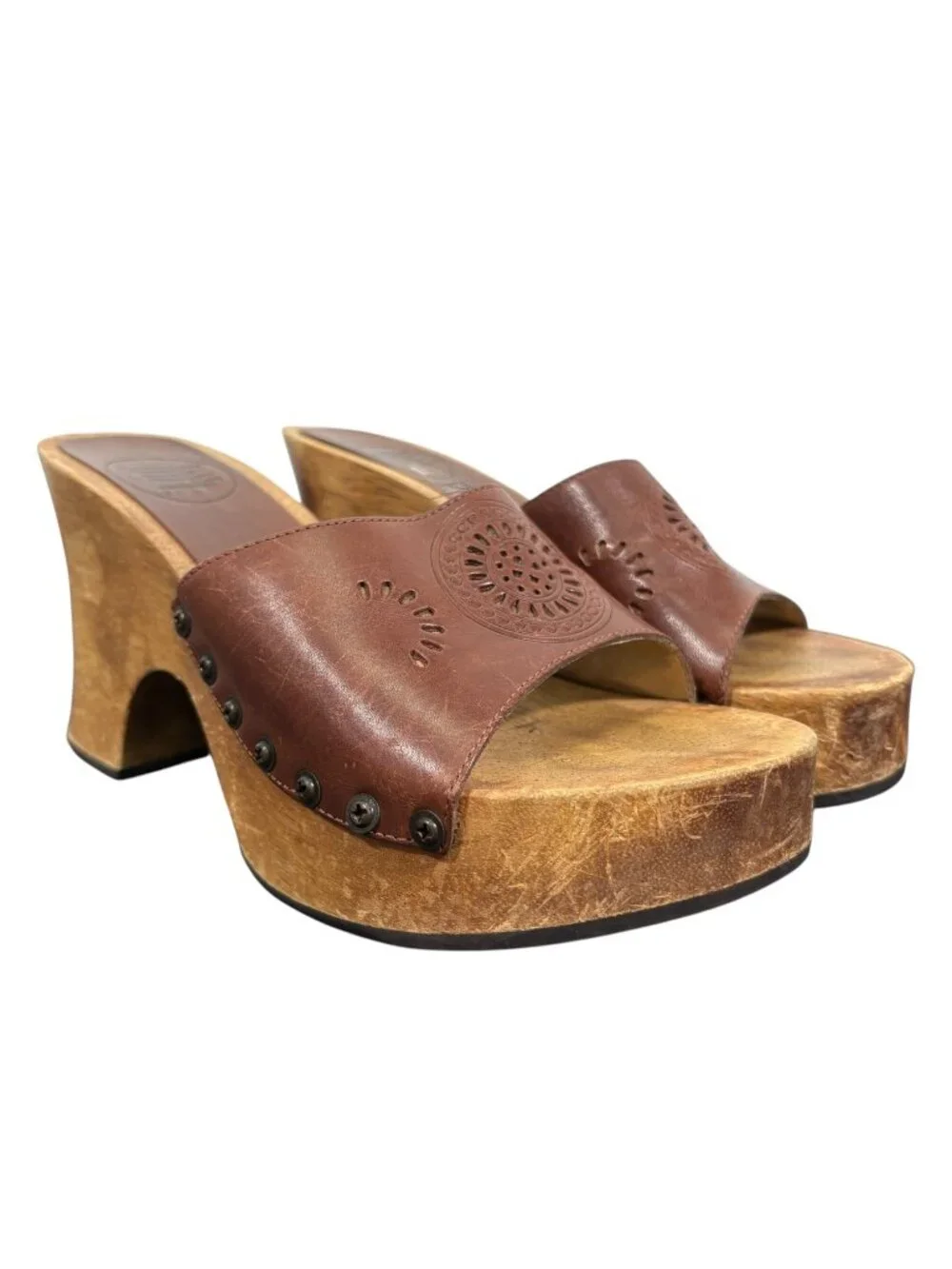 Vintage Elle Girl 90s Y2k Leather Wooden Slip on Platform Sandals Size 5.5